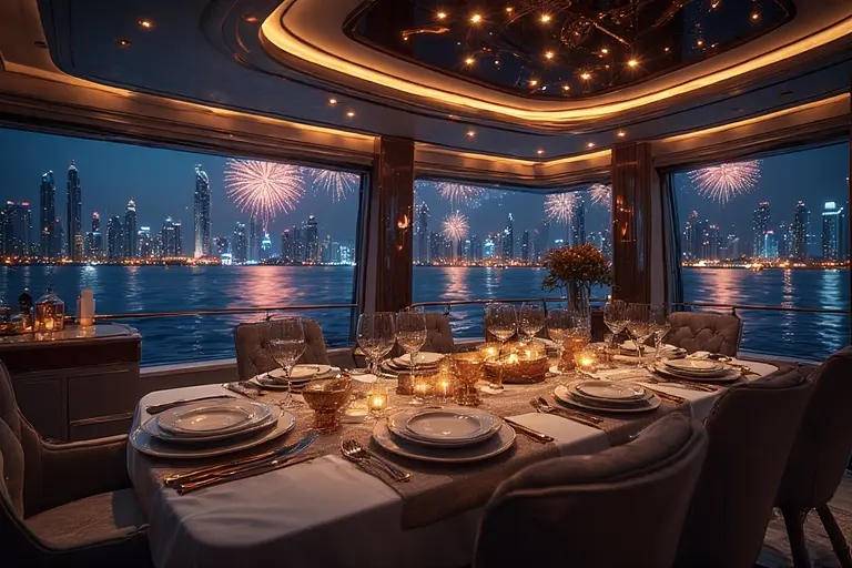 Luxurious interior of a 100ft super-yacht with dining area and views of Dubai cityscape at night.