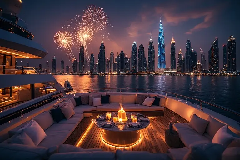 Guests enjoying a New Year's Eve party on an 80ft private yacht with Dubai fireworks in the background.