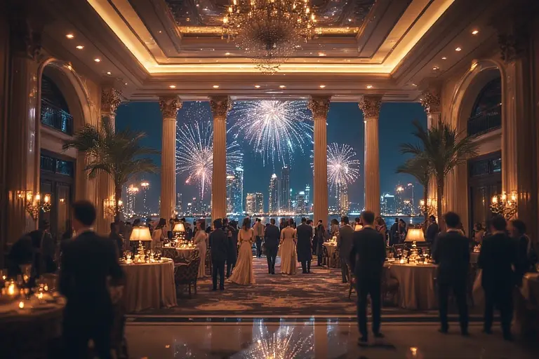 Elegantly dressed guests arriving at the entrance of Atlantis The Royal for the New Year's Eve Gala.