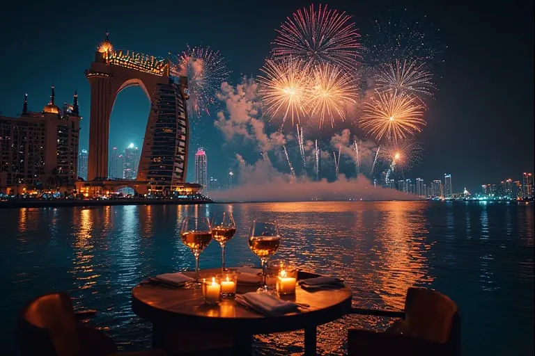 Spectacular private fireworks display over the Atlantis The Royal hotel on New Year's Eve 2026.