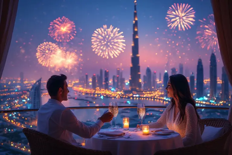 Elegant couple toasting champagne in a front-row restaurant seat overlooking the Burj Khalifa fireworks.