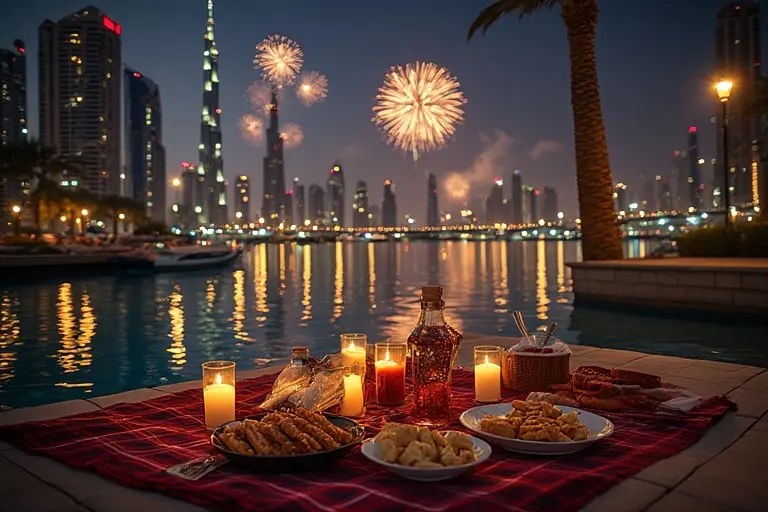 Clean viewing spot set up with a blanket on the Business Bay Canal Walk for free fireworks viewing.