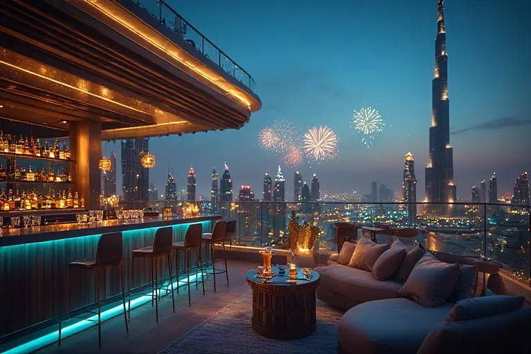 Chic rooftop bar in Downtown Dubai with cocktails and a clear view of the Burj Khalifa at night.