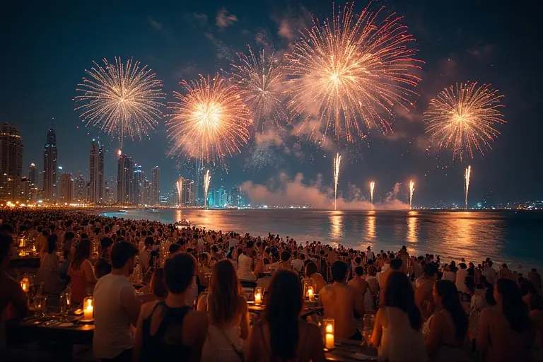 Crowded public beach in Dubai watching the New Year's Eve fireworks display.