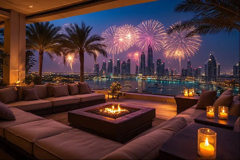 Glamorous rooftop pool bar in Dubai with a party atmosphere and distant skyline view.