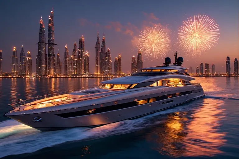 Luxurious 70ft yacht cruising Dubai Marina during New Year's Eve with city skyline and fireworks.
