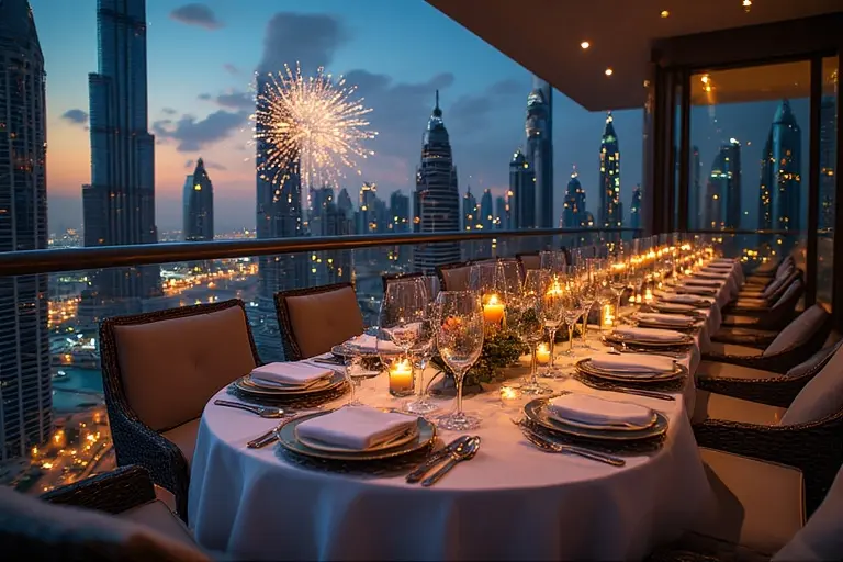 Elegant VIP table setting with champagne overlooking the Burj Khalifa fireworks in Dubai.