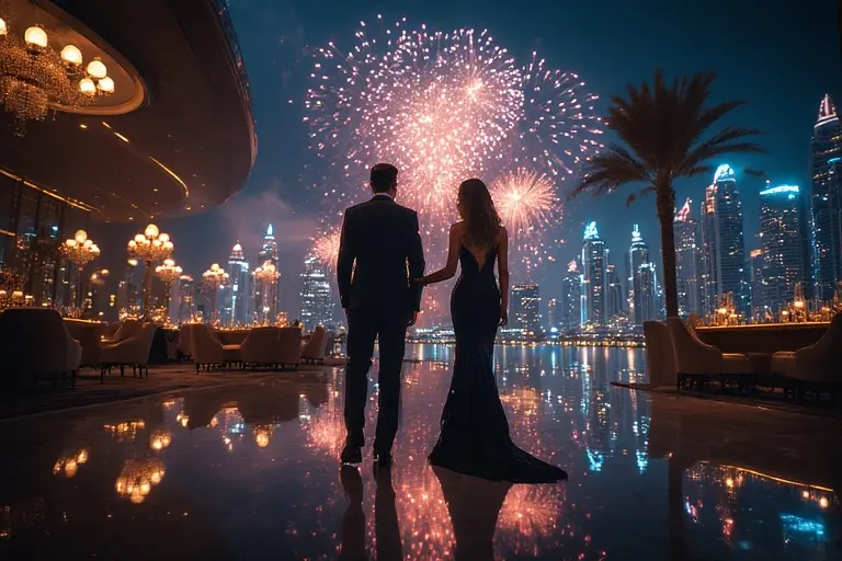 Elegantly dressed couple adhering to a Black Tie dress code, entering the Dubai Opera.