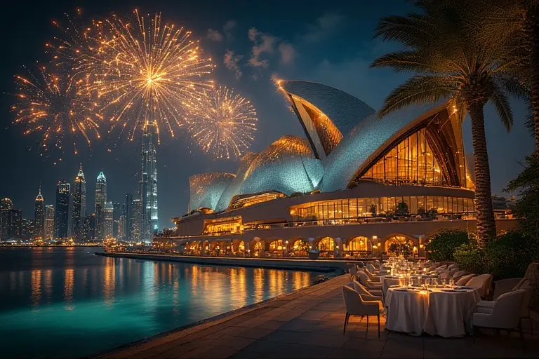 Exterior of the Dubai Opera house at night with the illuminated Burj Khalifa in the background.