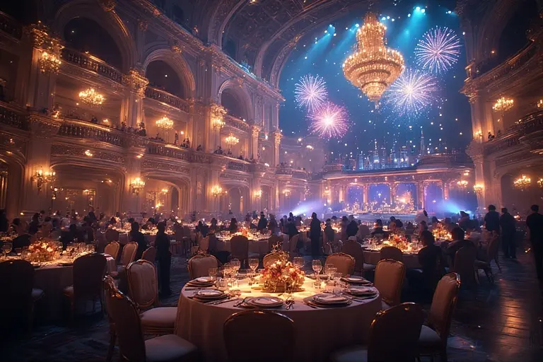 Grand interior view of the Dubai Opera during a New Year's Eve gala with formally dressed guests.