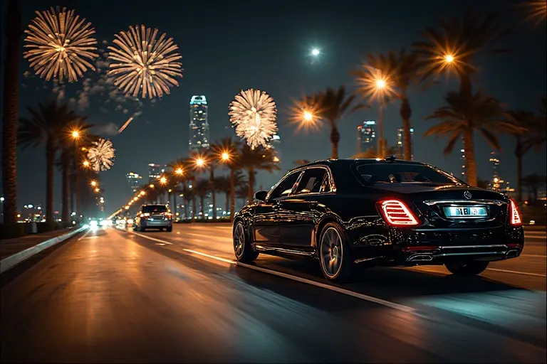 A luxury sedan driving slowly in congested traffic on the road to the Palm Jumeirah on New Year's Eve.