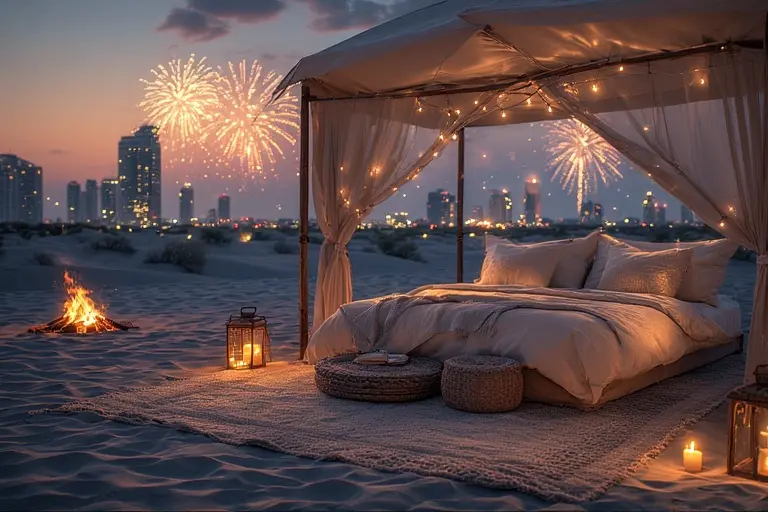 Luxurious overnight glamping tent setup in the Arabian desert for a New Year's Eve experience.