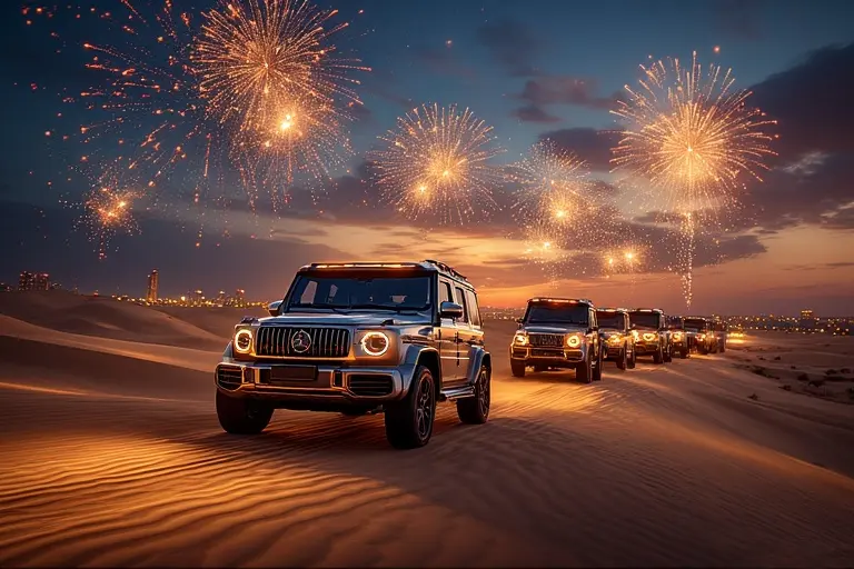 Convoy of luxury 4x4 SUVs driving over sunset desert dunes for a New Year's Eve safari.
