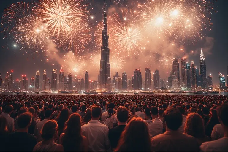 Massive crowd gathered near the Burj Khalifa area to watch the New Year's Eve fireworks for free.