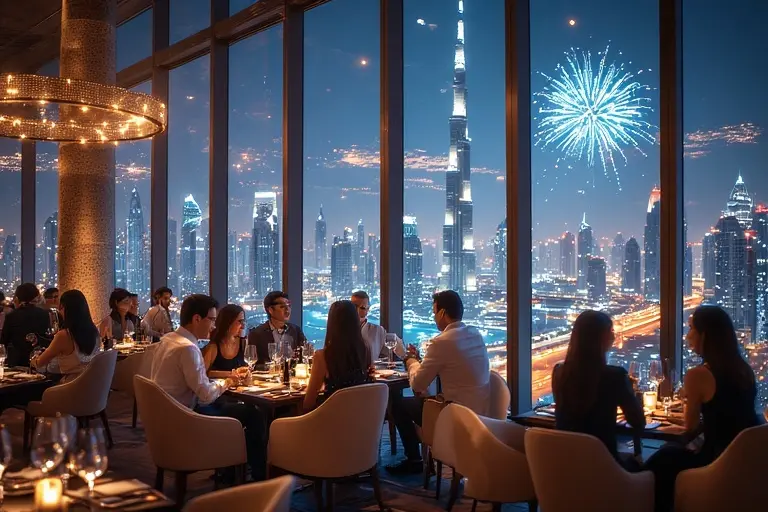 Elegant interior of Neos bar in Address Downtown with a close-up view of the Burj Khalifa.