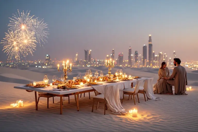 Lavish private dining table set up on a desert dune for a New Year's Eve celebration.