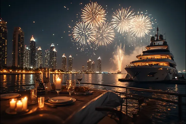 Luxury private yacht charter in Dubai Marina during the New Year's Eve fireworks show.