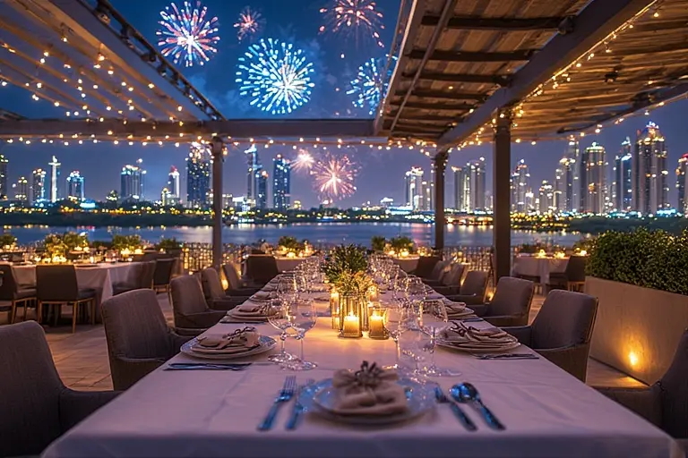 VIP terrace dining table at Souk Al Bahar with a clear view of the Burj Khalifa and the Dubai Lake fountains.