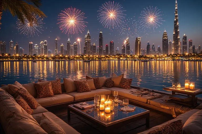 Floating dining pavilion at Thiptara restaurant with an unobstructed view of the Burj Khalifa New Year's Eve fireworks.